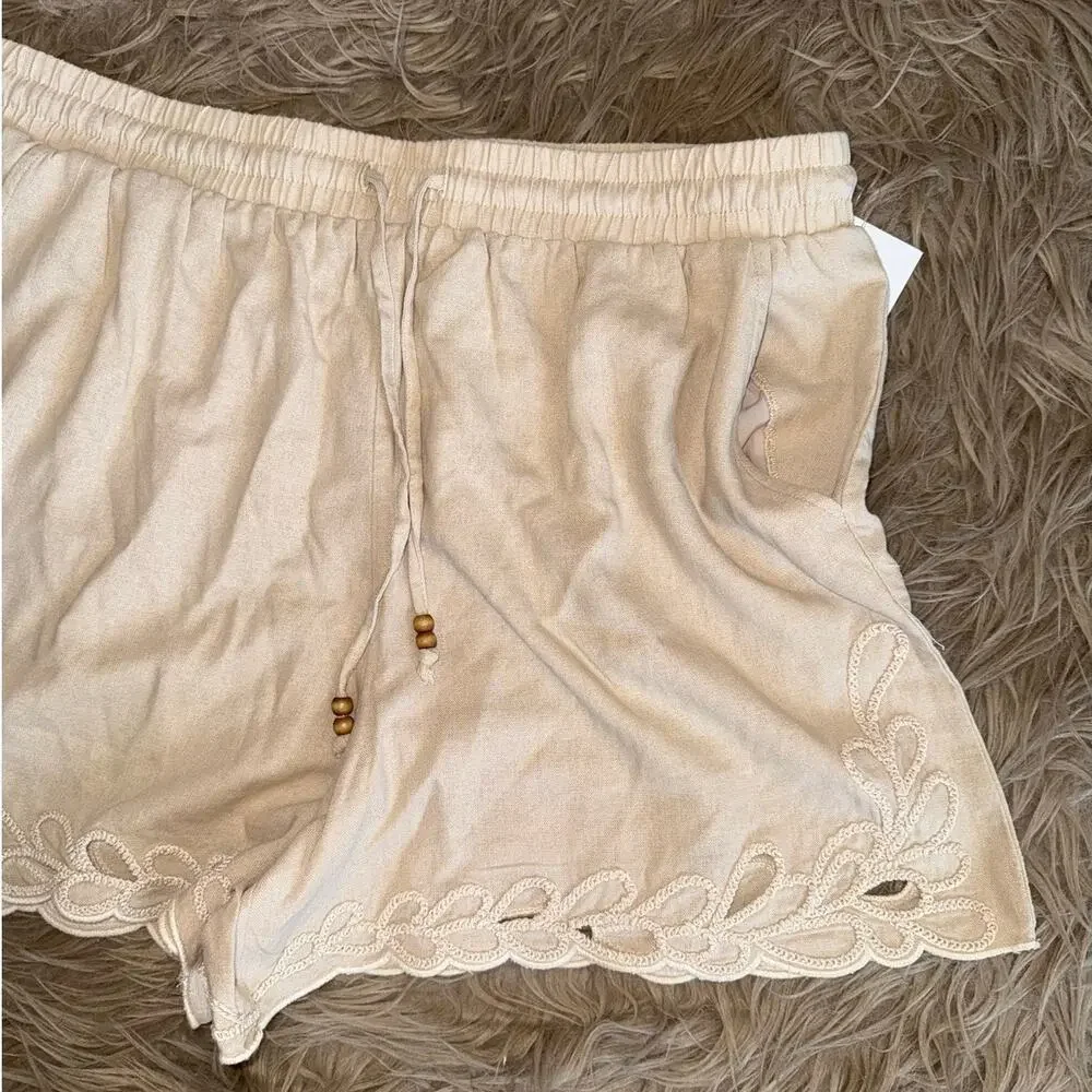 New Ellen Tracy Linen Drawstring Boho Embroidered Shorts Tan Women's size L